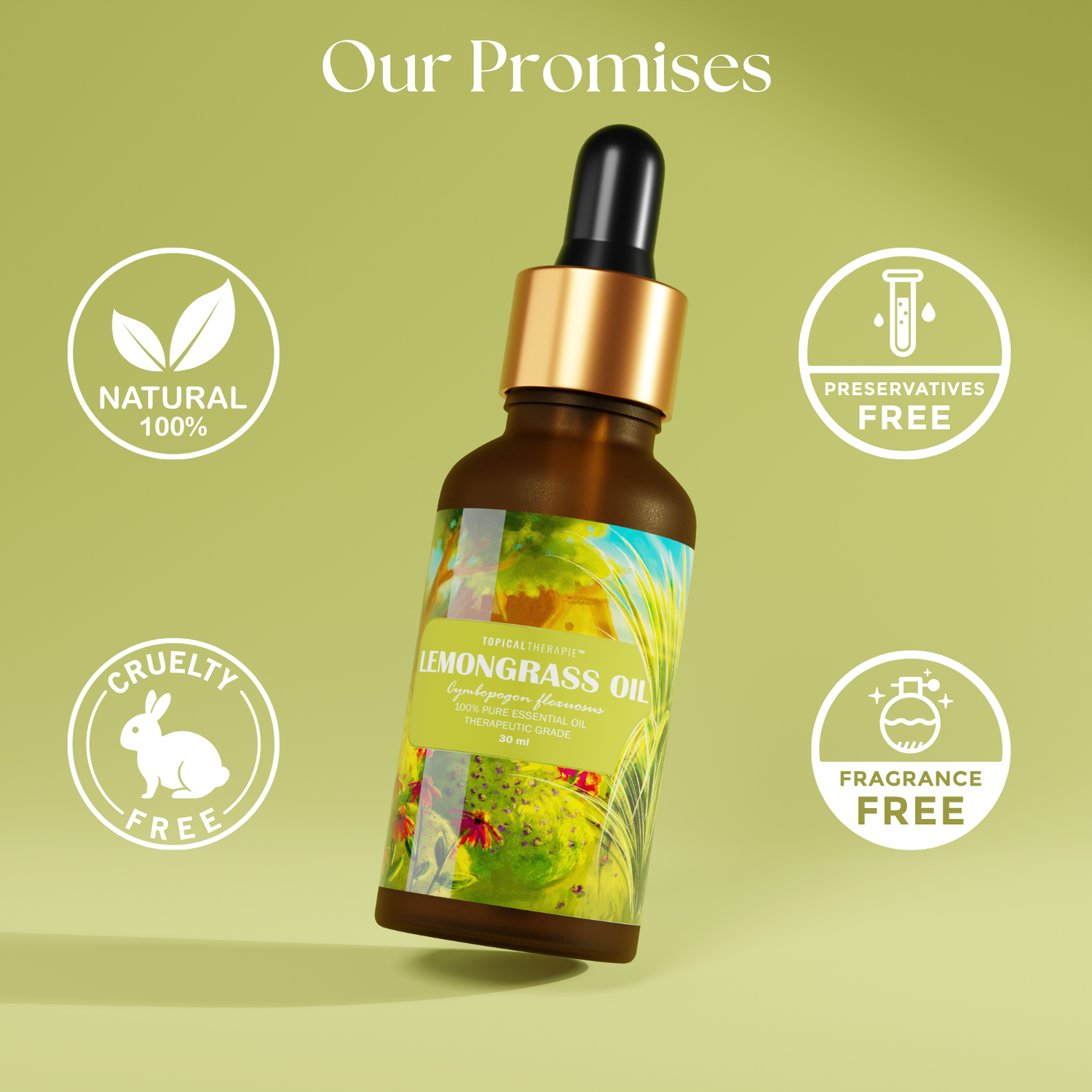 Bottle of lemongrass essential oil with fresh lemongrass stalks.
