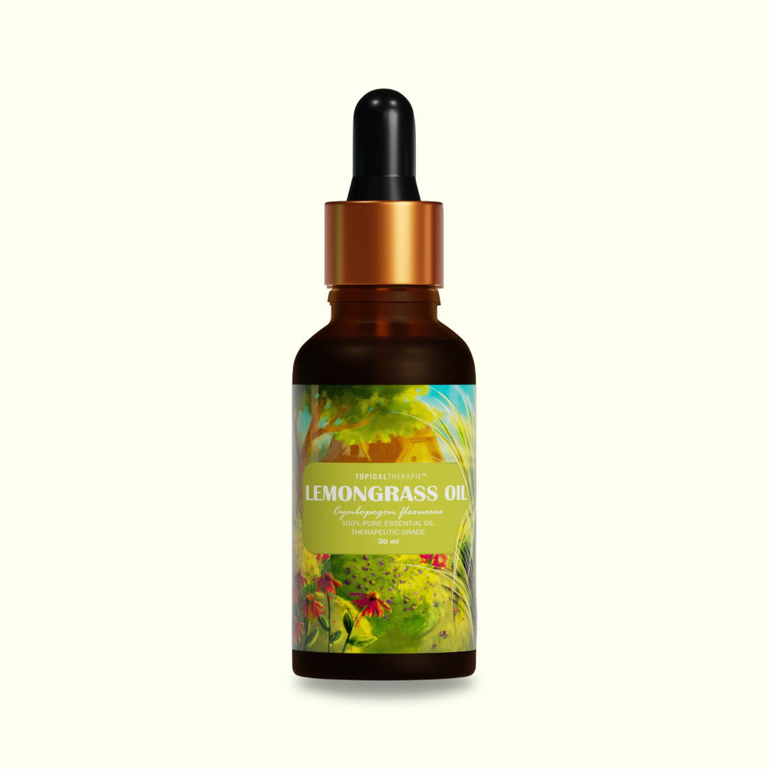 Single lemongrass essential oil bottle with fresh lemongrass stalks.