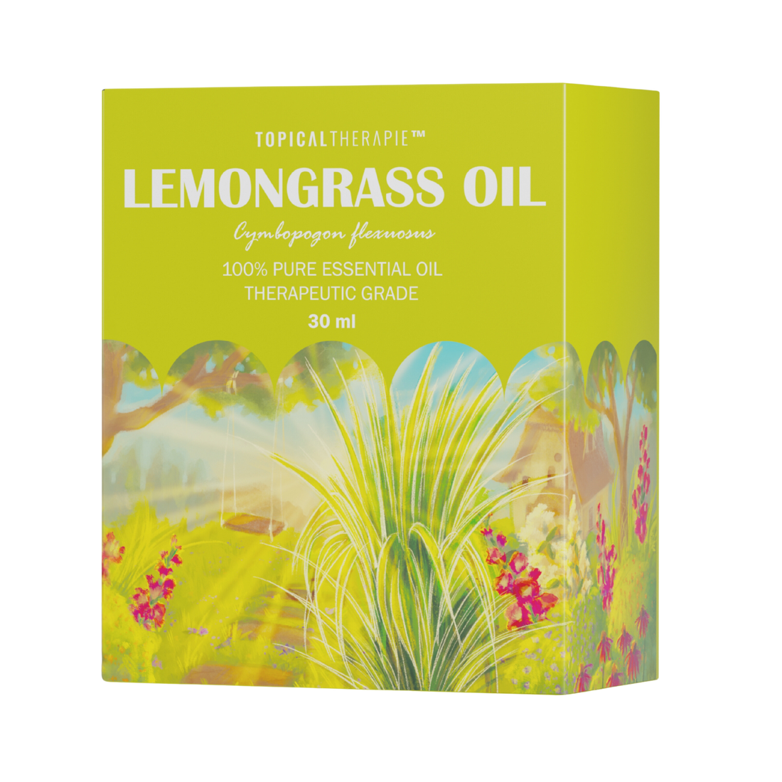 Solo lemongrass essential oil bottle with lemongrass stalks.