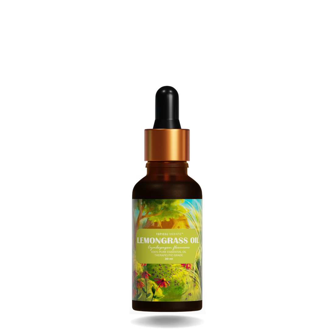 Single lemongrass essential oil bottle with fresh lemongrass stalks.