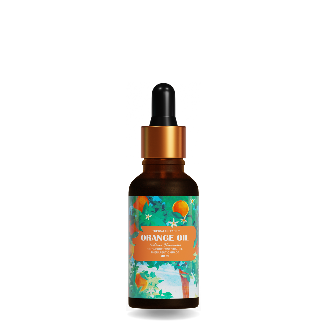 Solo orange essential oil bottle with vibrant oranges.