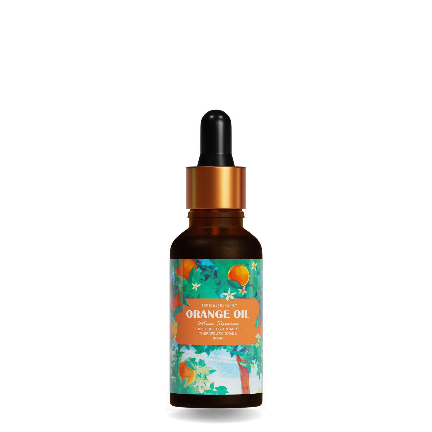 Solo orange essential oil bottle with vibrant oranges.