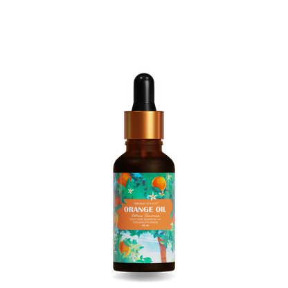 Solo orange essential oil bottle with vibrant oranges.