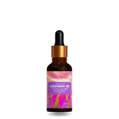 Lavender essential oil in a sleek glass bottle.